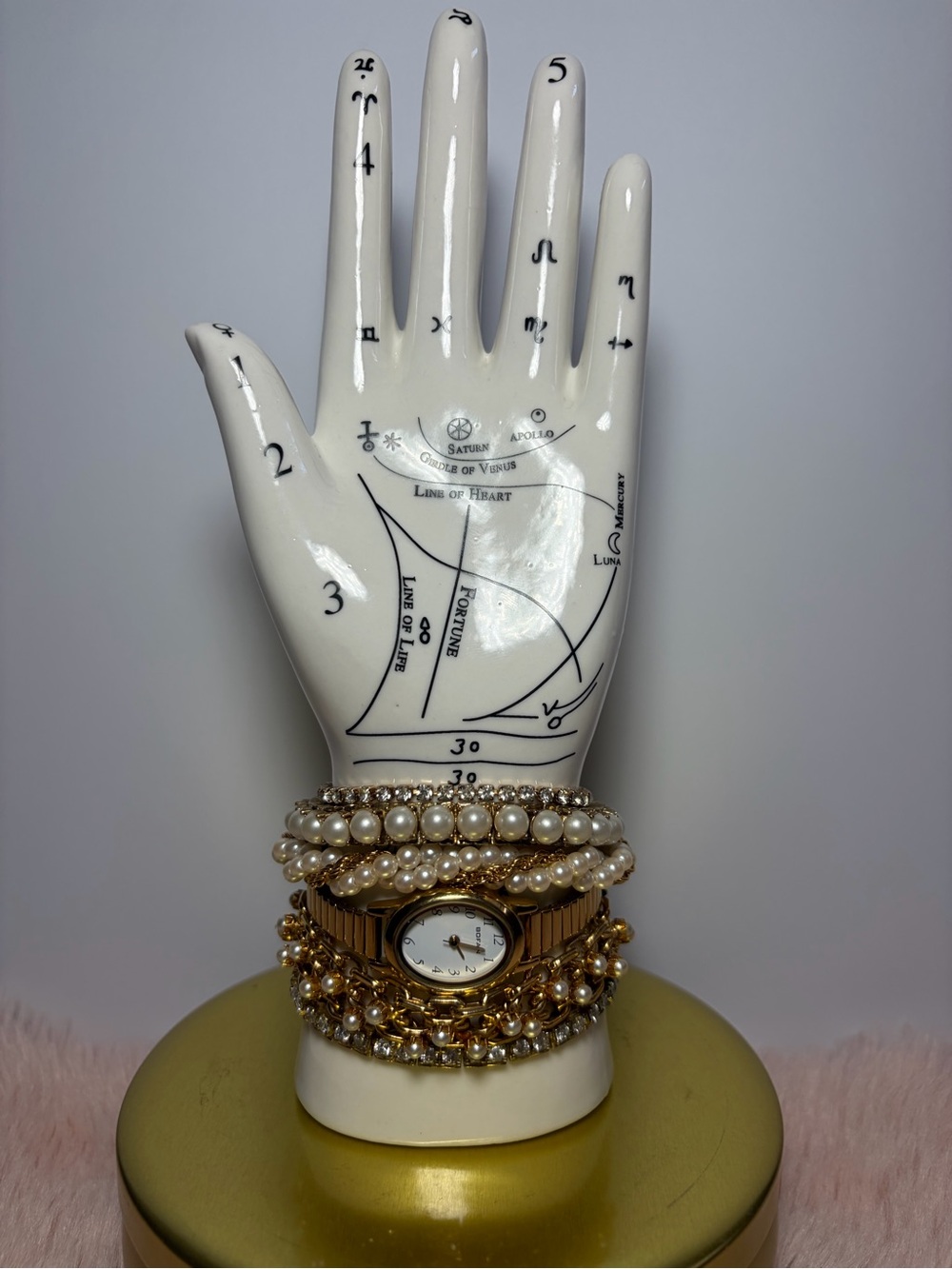 Gold Toned Pearl Rhinestone Bracelet Watch Stack